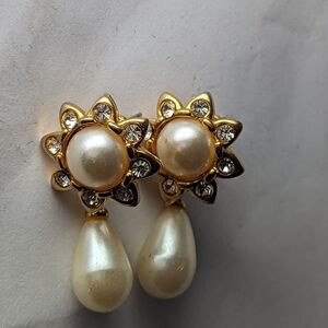 Richelieu Vintage Faux Pearl Diamond Earrings drop floral pearls post ba…